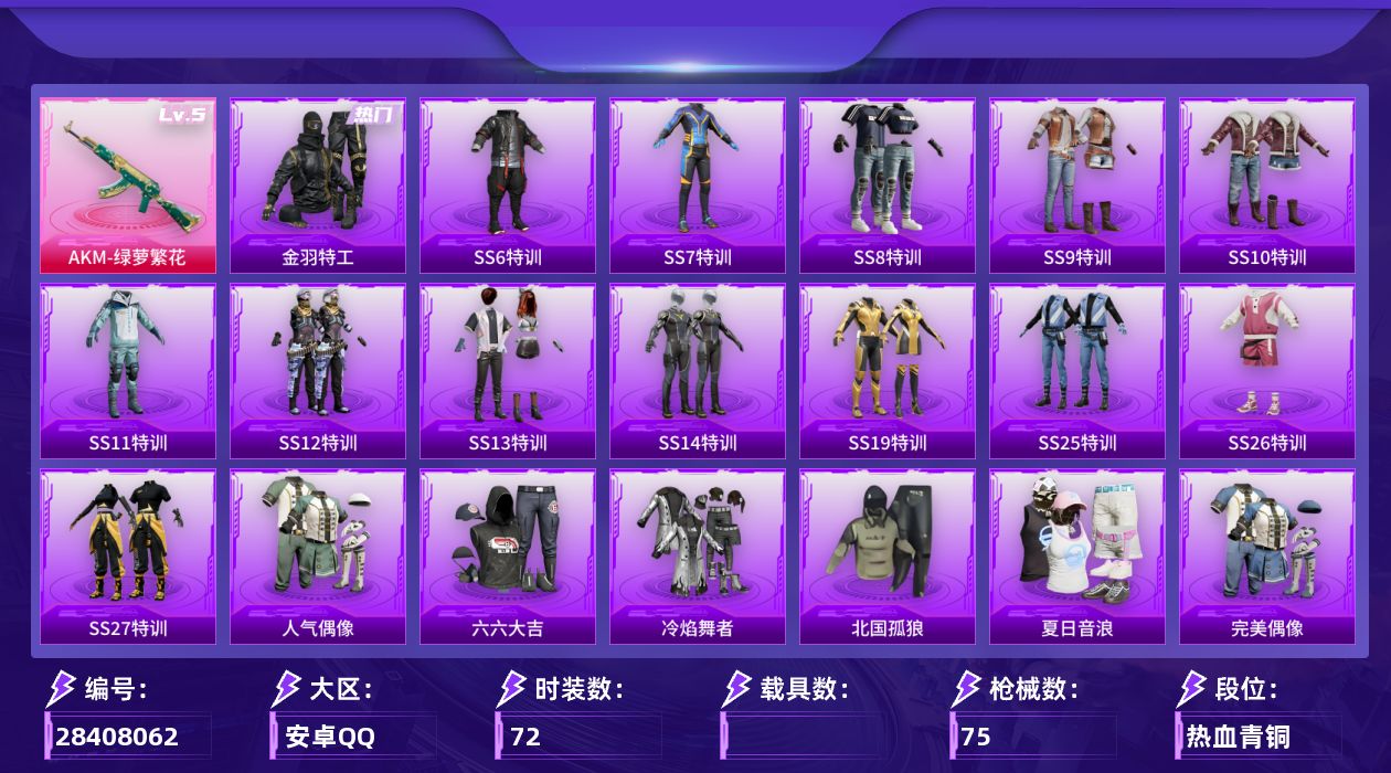 [28408062]【FK8476】72套装/枪械1/装备67/战备54/热力值23535/金风玉露背包(1级)/古堡领主背包(2级)/马卡龙背包(1级)/马卡龙头盔(3级)/马卡龙头盔(1级)/金羽特工/五级AKM-绿萝繁花/伏魔团降落伞/圣堂之誓降落伞/AKM绿萝繁花/SS6特训/SS7特训/SS8特训/SS9特训/SS10特训/SS11特训/SS12特训/SS13特训/SS14特训/SS19特训/SS25特训/SS26特训/SS27特训/人气偶像/六六大吉/冷焰舞者/北国孤狼/夏日音浪/完美偶像/橘黑制服/牛气冲天/牛气满满/特训学院/猎鹰/猛禽/甜蜜告白/甜蜜熊情侣/疯狂小兔子/白熊同盟/白色伏地魔/破蛋小黄鸡/竞技勇士朋克/竞技名士/竞技达人朋克/红色运动/绯格组合/翡翠奔狼/荣耀/萌黄之夏/蓝彩潮人/蓝色运动/跃动心情/都市漫游者/酷萌兔限定/金鼠迎春/长空猛禽/霓虹街区/青年教官/飞行日记/魅力单车/黄色伏地魔/黄色运动/黎明保卫者/黑色伏地魔/龙的传人/冰川特警/雪山精英/机械征服者/原初圣火/逆风勇士/初火先锋/蓝甜马卡龙/治愈之星/科技之星/惊鸿侠骨/锦衣飞扬/云霞荷露/AKM-夜灯/AKM-春暖花开/AKM-龙的传人/M16A4-幻世战舞者/M16A4-机械英豪/M416-夜灯/M416-蓝色火焰/GROZA-治愈之星/AUG-闲梦青缨/QBZ-原初圣火/M762-牛气冲天/蜜獾-天降萌叽/UZI-炫彩节奏/UMP45-生命誓言/UMP45-蓝色火焰/Vector-彩虹符号/Vector-治愈之星/汤姆逊-天降萌叽/汤姆逊-银刃赛罗/野牛-机械英豪/Kar98K-彩虹符号/Kar98K-炫彩节奏/M24-治愈之星/Mini14-原初圣火/Mini14-炫彩节奏/Mk14-治愈之星/Win94-机械英豪/SLR-四圣焕新/M417-惊鸿侠骨/M200-惊鸿侠骨/S686-生命誓言/S12K-玩趣呆呆/S12K-破晓战魂/S12K-机械英豪/M249-彩虹符号/M249-深山诡影/DP-28-原初圣火/DP-28-山经魅狐/MG3-幻世战舞者/MG3-惊鸿侠骨/MG3-第五大道/P18C-原初圣火/爆炸猎弓-惊鸿侠骨