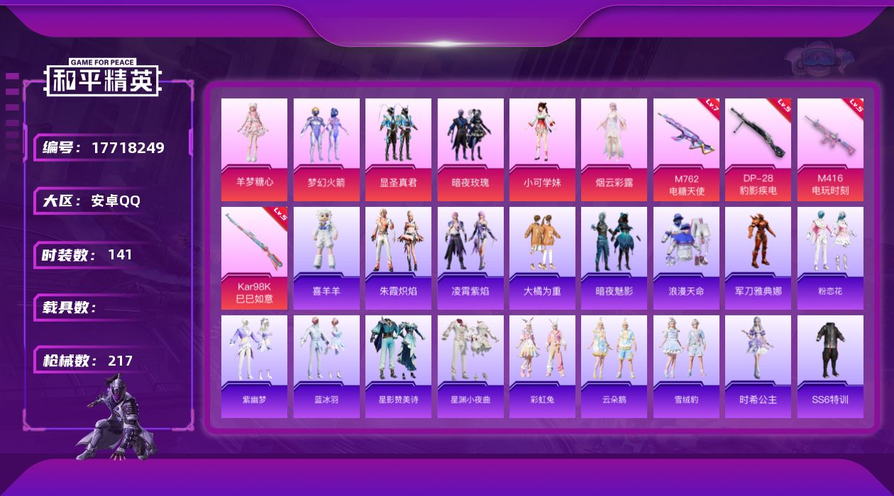 和平精英账号安卓QQ[17718249]安卓 手Q-6粉装-4特效枪-0载具-3粉色飞行器-63011热力值-9王牌印记-141套装-217枪皮
【热门品类】：粉装-梦幻火箭，套装-浪漫天命，角色-军刀雅典娜
【粉色套装