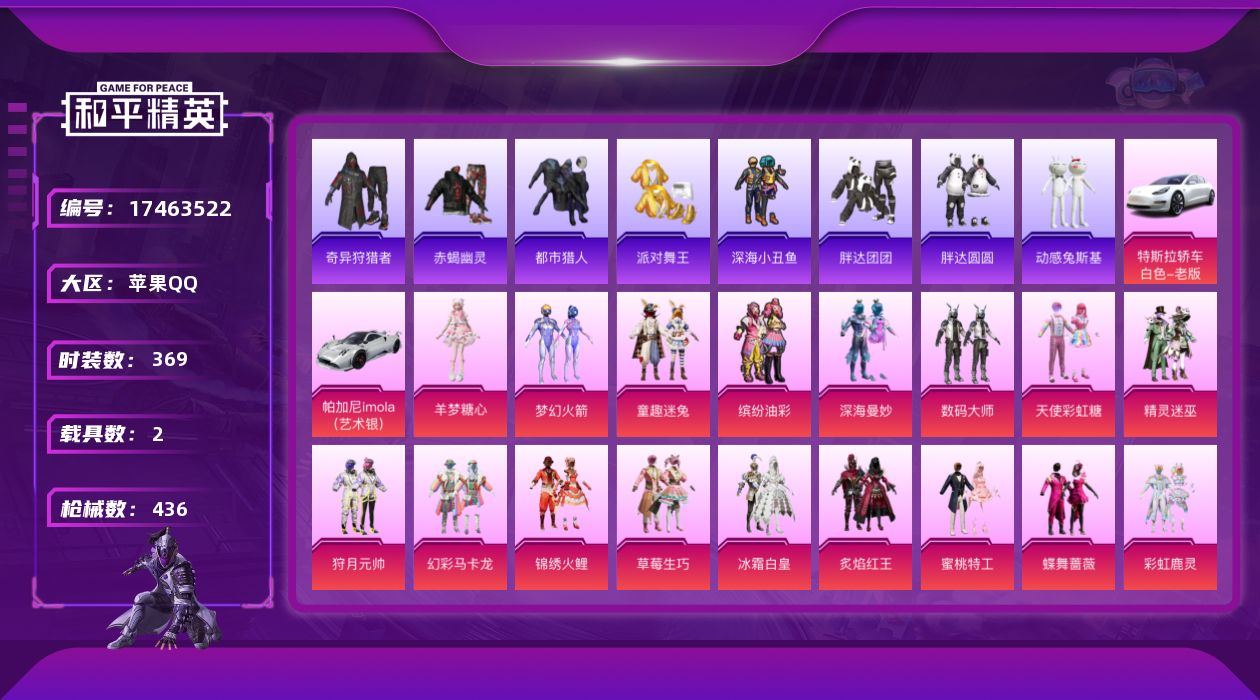 和平精英账号苹果QQ[17463522]苹果 手Q-30粉装-13特效枪-2载具-5粉色飞行器-149647热力值-28王牌印记-369套装-436枪皮
【热门品类】：粉装-梦幻火箭，粉装-童趣迷兔，粉装-缤纷油彩，绝对