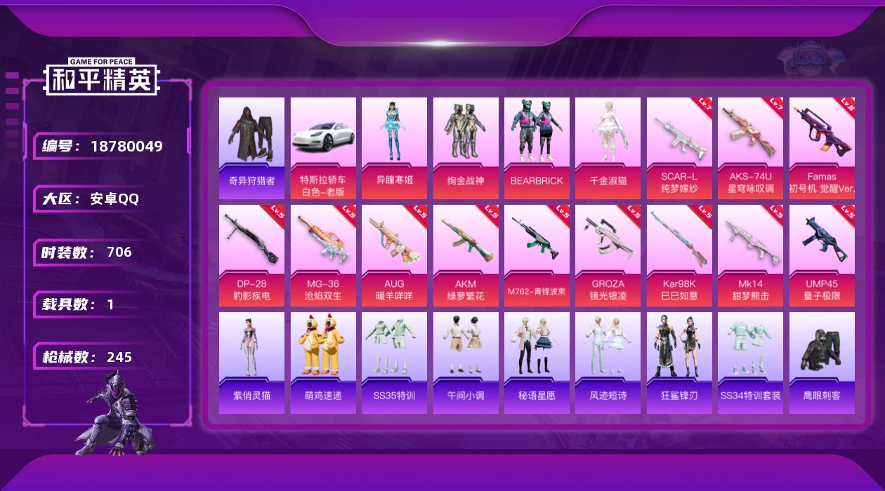 和平精英账号安卓QQ4粉装 12特效枪 1载具 16印记 可二次 
【热门装扮】BEARBRICK,奇异狩猎者,千金淑猫