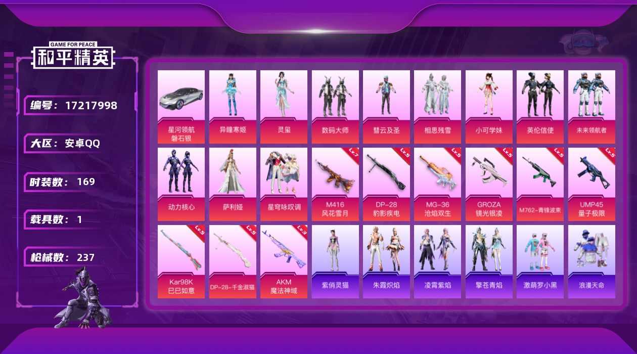 和平精英账号安卓QQ[17217998]安卓 手Q-11粉装-9特效枪-1载具-6粉色飞行器-72797热力值-15王牌印记-169套装-237枪皮
【热门品类】：套装-浪漫天命，套装-暗夜之虎，套装-龟仙人，套装-暗影