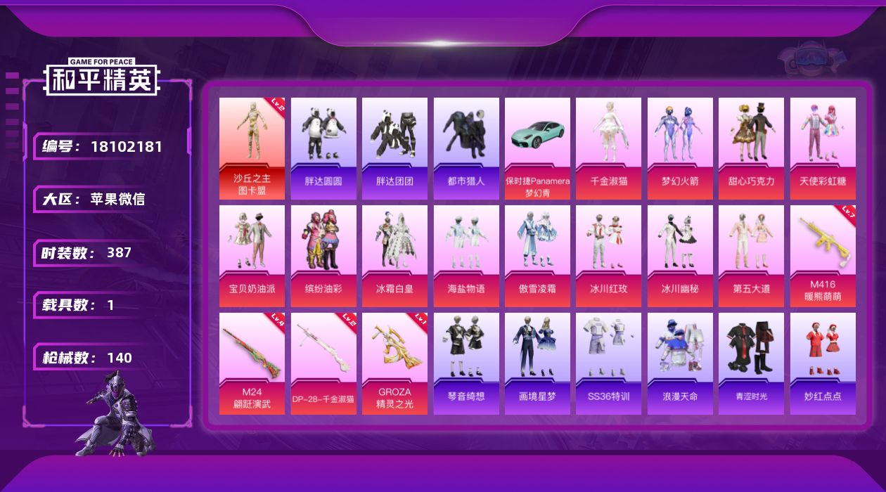 和平精英账号苹果微信1载具-101套装-140枪皮-图卡盟2级 都市 三姐妹 猪妹1红装2稀有1载具12粉装13特效枪1