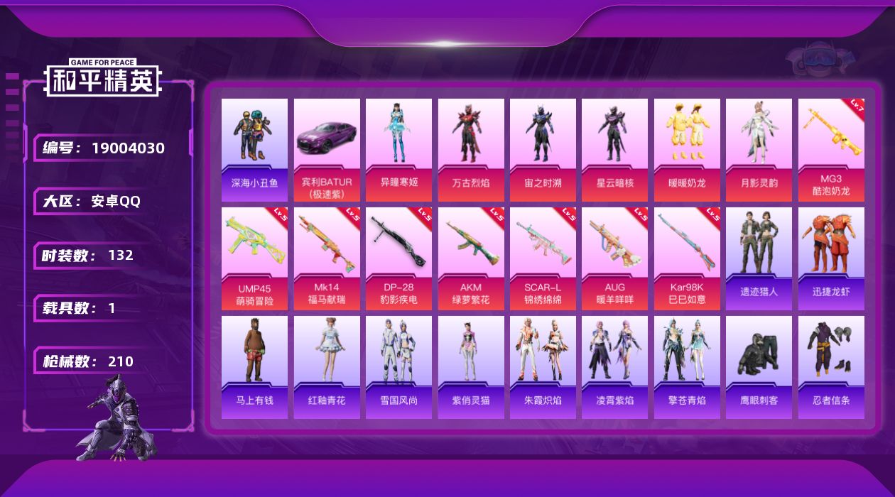 和平精英账号安卓QQ[19004030]132套装/枪械8/装备229/载具1/战备127/王牌印记11/热力值54373/五级AKM-绿萝繁花/五级SCAR-L-锦绣绵绵/五级AUG-暖羊咩咩/五级UMP45-萌骑冒险