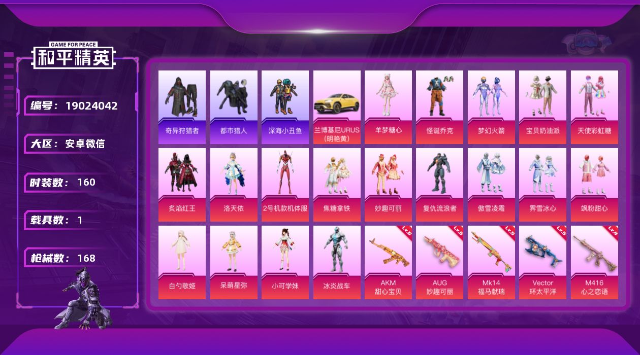 和平精英账号安卓微信[19024042]160套装/枪械9/装备252/载具1/战备128/王牌印记12/热力值65578/六级AKM-甜心宝贝/一级AKM-白勺歌姬/四级M416-心之恋语/六级AUG-妙趣可丽/五级V