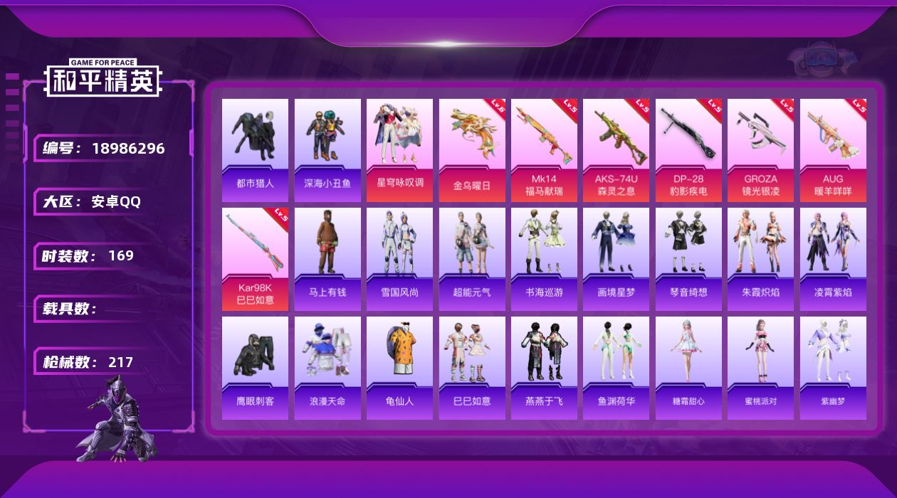 和平精英账号安卓QQ[18986296]安卓 手Q-1粉装-7特效枪-0载具-1粉色飞行器-56251热力值-11王牌印记-169套装-217枪皮
【热门品类】：套装-浪漫天命，套装-都市猎人，套装-深海小丑鱼，套装-龟