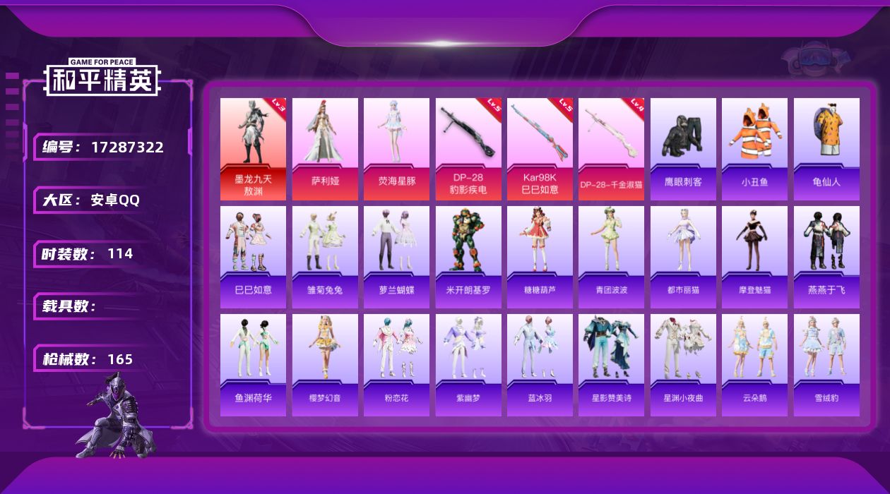 和平精英账号安卓QQ[17287322]安卓 手Q-1神装-2粉装-4特效枪-0载具-1粉色飞行器-44780热力值-12王牌印记-114套装-165枪皮
【红色神装等级】：墨龙九天-敖渊(三级)
【红色角色神装】：墨龙