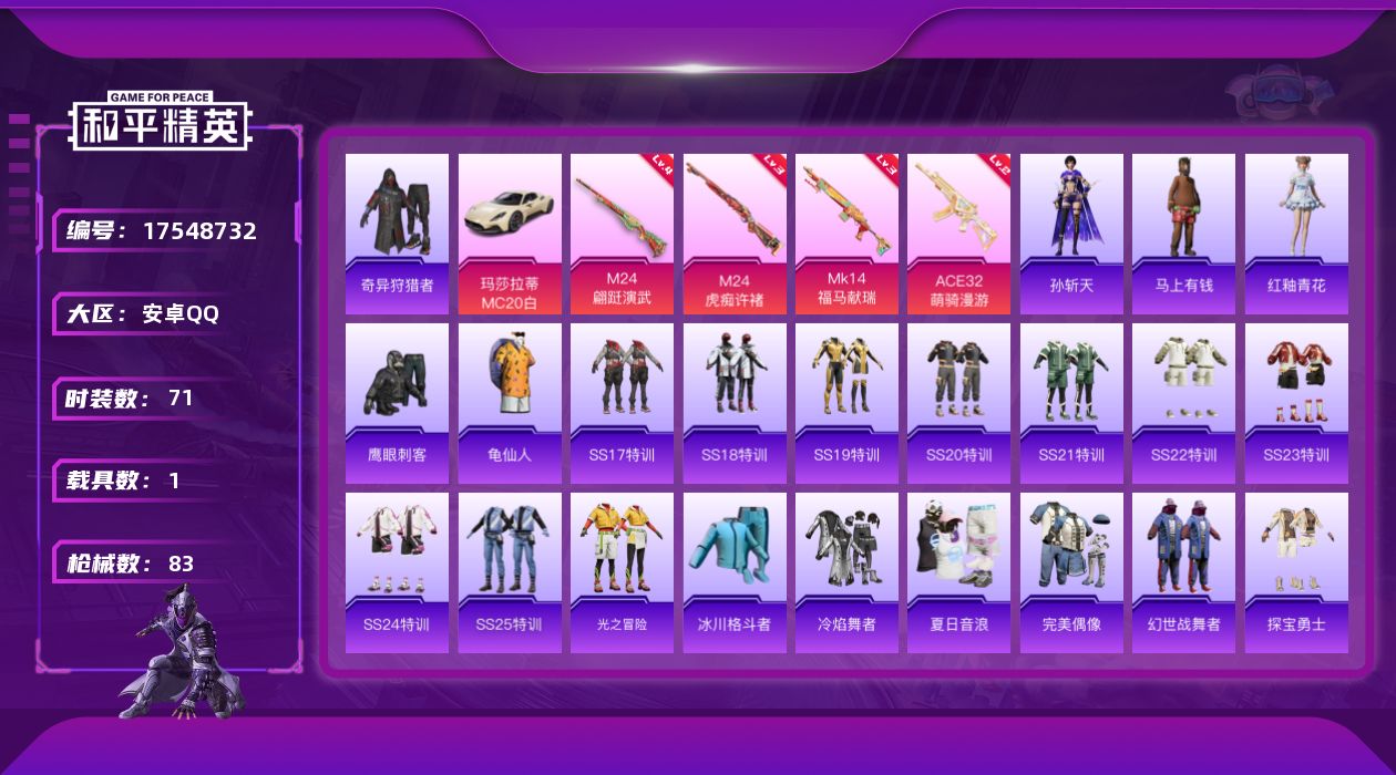 和平精英账号安卓QQ[17548732]实名: 可修改 时装数: 71 载具数: 1 枪械数: 83 战备数: 62 热门装扮: 奇异狩猎者,鹰眼刺客 载具: 玛莎拉蒂MC20(星石白) 稀有枪皮: M24翩跹演武,MK