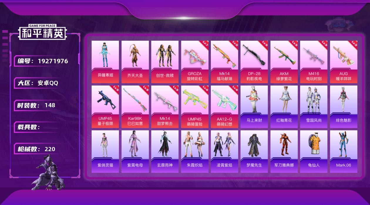 和平精英账号安卓QQ[19271976]安卓 手Q-3粉装-11特效枪-0载具-1粉色飞行器-62625热力值-1王牌印记-148套装-220枪皮
【热门品类】：角色-军刀雅典娜，套装-龟仙人，角色-Mark.06
【粉