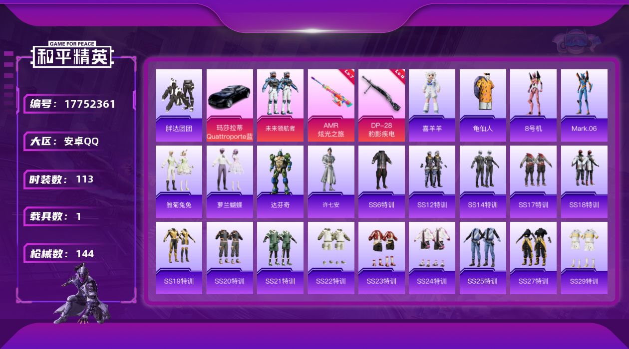 和平精英账号安卓QQ[17752361]可二次【特价出售/店主推荐】安卓 手Q-1粉装-4特效枪-1载具-43008热力值-6王牌印记-113套装-144枪皮【热门品类】：套装-胖达团团，套装-龟仙人，角色-8号机，角色