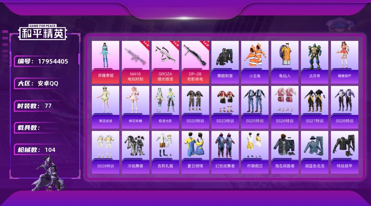 和平精英账号安卓QQ[17954405]安卓 手Q-1粉装-4特效枪-0载具-1粉色飞行器-29367热力值-2王牌印记-77套装-104枪皮
【热门品类】：套装-小丑鱼，套装-龟仙人
【粉色套装】：角色-异瞳寒姬
【粉