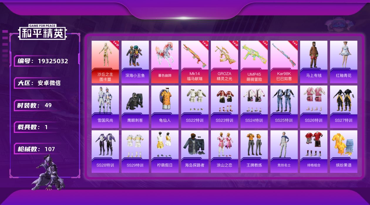 和平精英账号安卓微信[19325032]49套装/枪械4/装备95/载具1/战备67/王牌印记8/热力值26883/二级GROZA-精灵之光/一级UMP45-萌骑冒险/一级Kar98K-巳巳如意/三级MK14-福马献瑞/