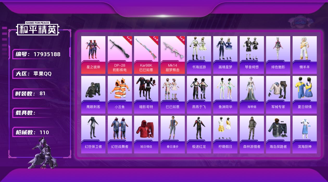 和平精英账号苹果QQ[17935188]绝世印记1 【特价出售/店主推荐】苹果 手Q-1粉装-5特效枪-2粉色飞行器-26405热力值-6王牌印记-81套装-110枪皮【热门品类】：套装-小丑鱼，套装-暗影哥特【粉色套装