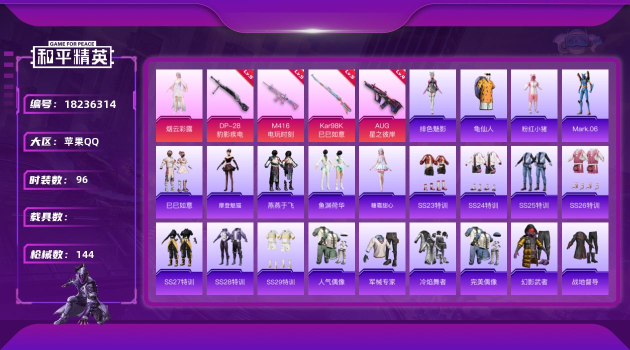 和平精英账号苹果QQ[18236314]苹果 手Q-1粉装-6特效枪-0载具-0粉色飞行器-34282热力值-8王牌印记-96套装-144枪皮
【热门品类】：套装-龟仙人，套装-粉红小猪，角色-Mark.06
【粉色套装