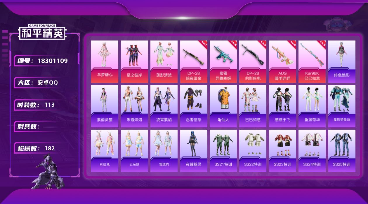 和平精英账号安卓QQ[18301109]安卓 手Q-3粉装-7特效枪-0载具-1粉色飞行器-47341热力值-2王牌印记-113套装-182枪皮
【热门品类】：套装-忍者信条，套装-龟仙人
【粉色套装】：粉装-星之彼岸，