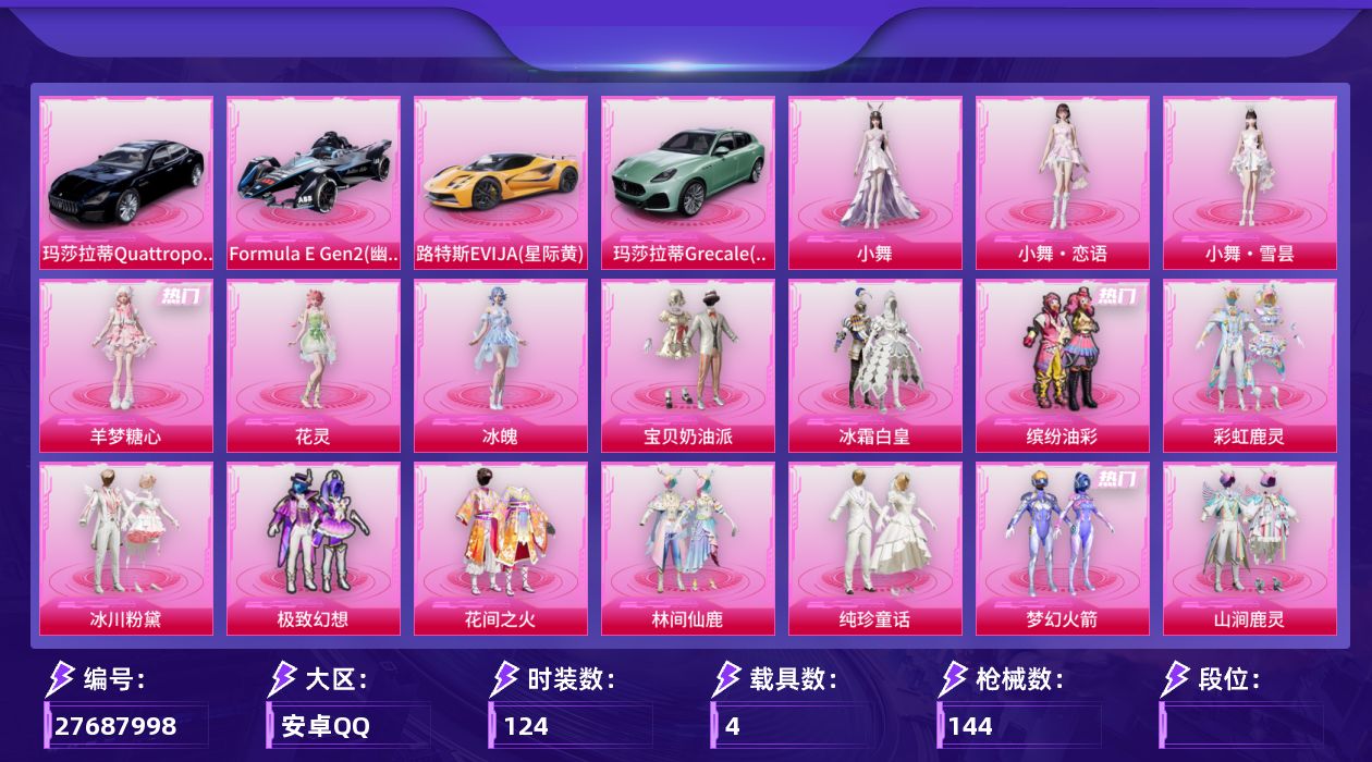 和平精英账号安卓QQ[27687998]32粉装20特效枪4载具 雪国幻梦 樱桃泡泡 千金淑猫 缤纷油彩 花间之火 女娲