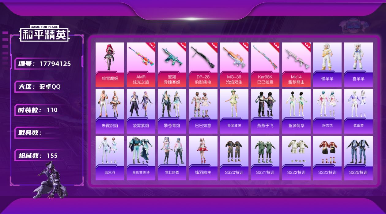 和平精英账号安卓QQ[17794125]安卓 手Q-2粉装-8特效枪-0载具-0粉色飞行器-41636热力值-6王牌印记-110套装-155枪皮
【粉色套装】：角色-绯穹魔姬，角色-辉云木星
【粉色枪皮等级】：蜜獾-异瞳
