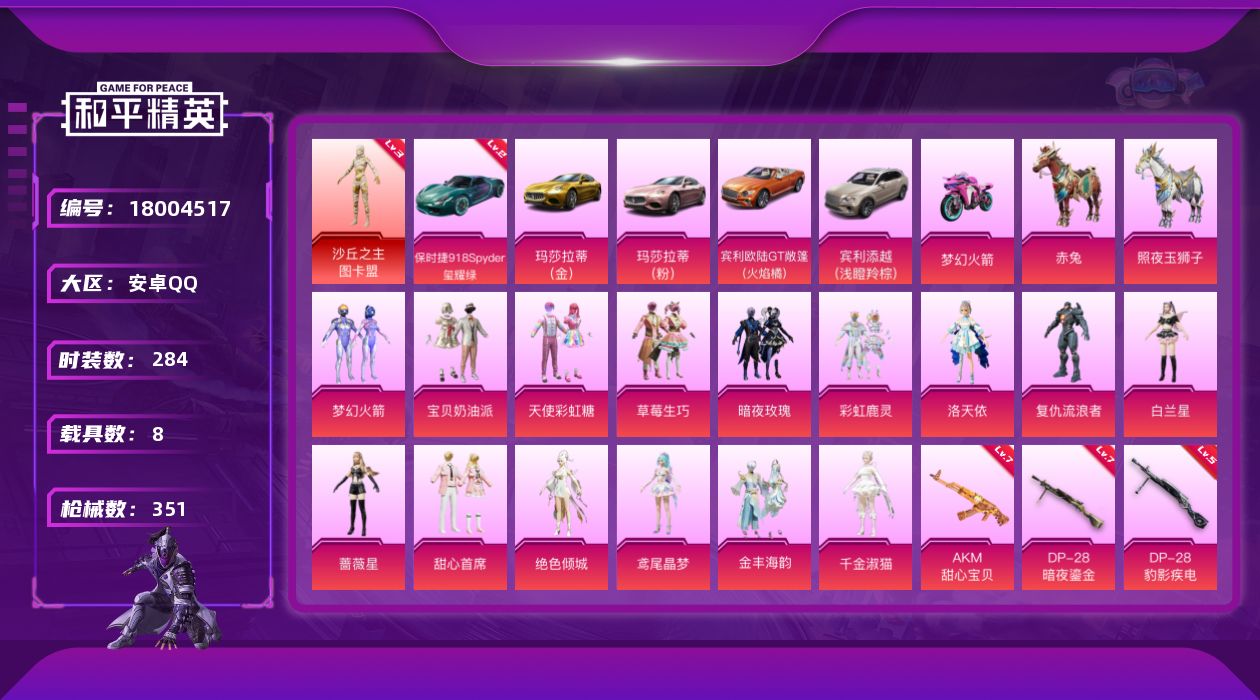 和平精英账号安卓QQ[18004517]【店主推荐捡漏号！可直接换绑】安卓 手Q-1神装-15粉装-9特效枪-8载具-6粉色飞行器-129221热力值-3王牌印记-284套装-351枪皮【红色载具】：保时捷918 Spy