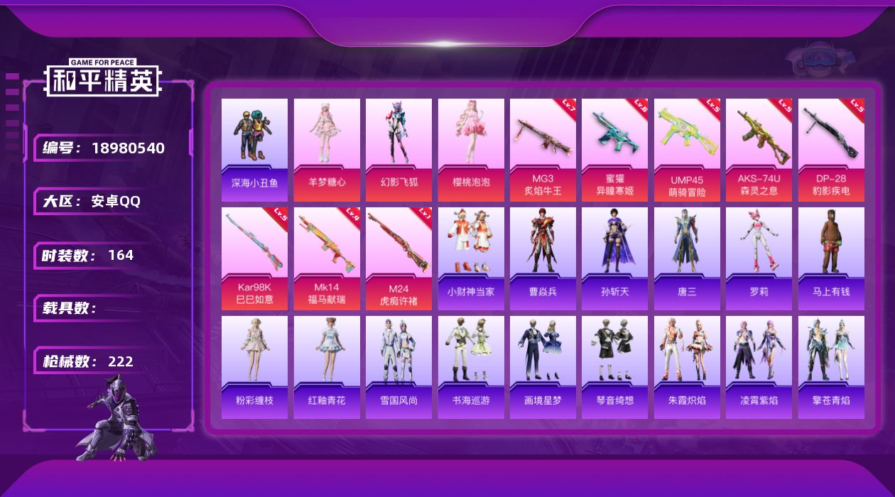 和平精英账号安卓QQ[18980540]安卓 手Q-3粉装-8特效枪-0载具-1粉色飞行器-64826热力值-9王牌印记-164套装-222枪皮
【热门品类】：套装-浪漫天命，套装-深海小丑鱼，角色-军刀雅典娜，套装-龟