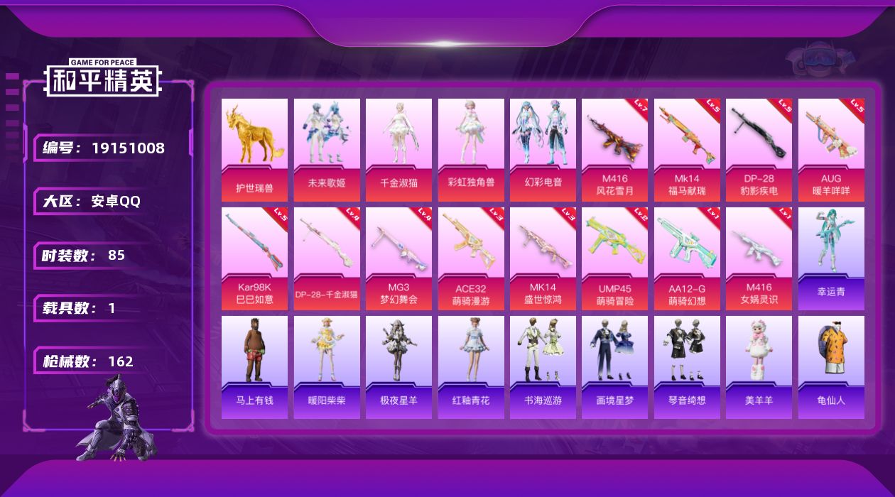 和平精英账号安卓QQ[19151008]安卓 手Q-4粉装-12特效枪-1载具-3粉色飞行器-46244热力值-4王牌印记-85套装-162枪皮
【热门品类】：套装-龟仙人
【粉色套装】：粉装-未来歌姬，角色-千金淑猫，