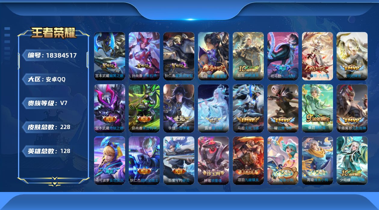 王者荣耀账号安卓QQ128英雄-228皮肤--V7-16传说 3星传说 幽冥之眼 星际治安官 未来机甲【全皮英雄】 司马