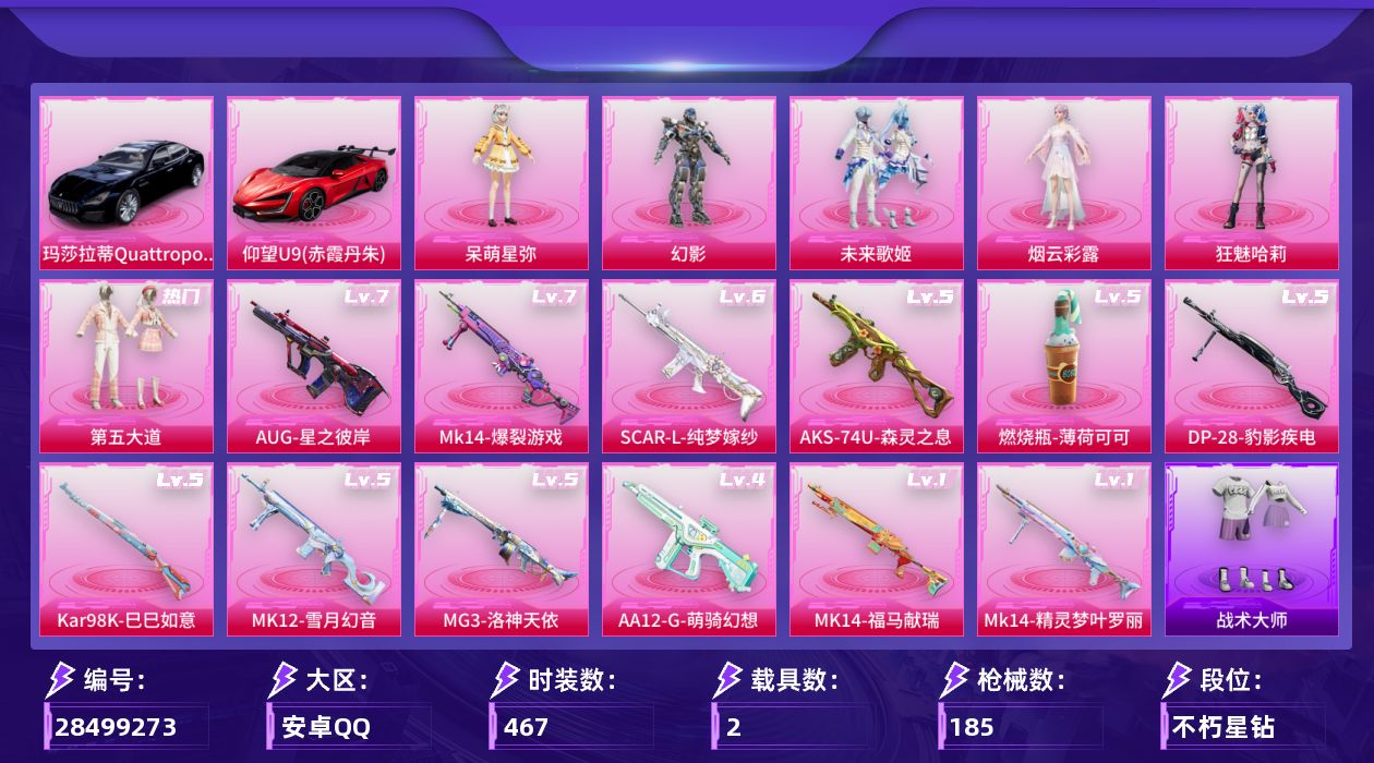 []6粉装 12特效枪 2载具 12印记 可二次 可修改实名 
【热门装扮】狂魅哈莉,第五大道,呆萌星弥,未来歌姬,幻影,烟云彩露
【载具】仰望U9(赤霞丹朱),玛莎拉蒂Quattroporte(夜幕蓝)
【稀有枪皮】Mk14-爆裂游戏,DP-28-豹影疾电,Kar98K-巳巳如意,