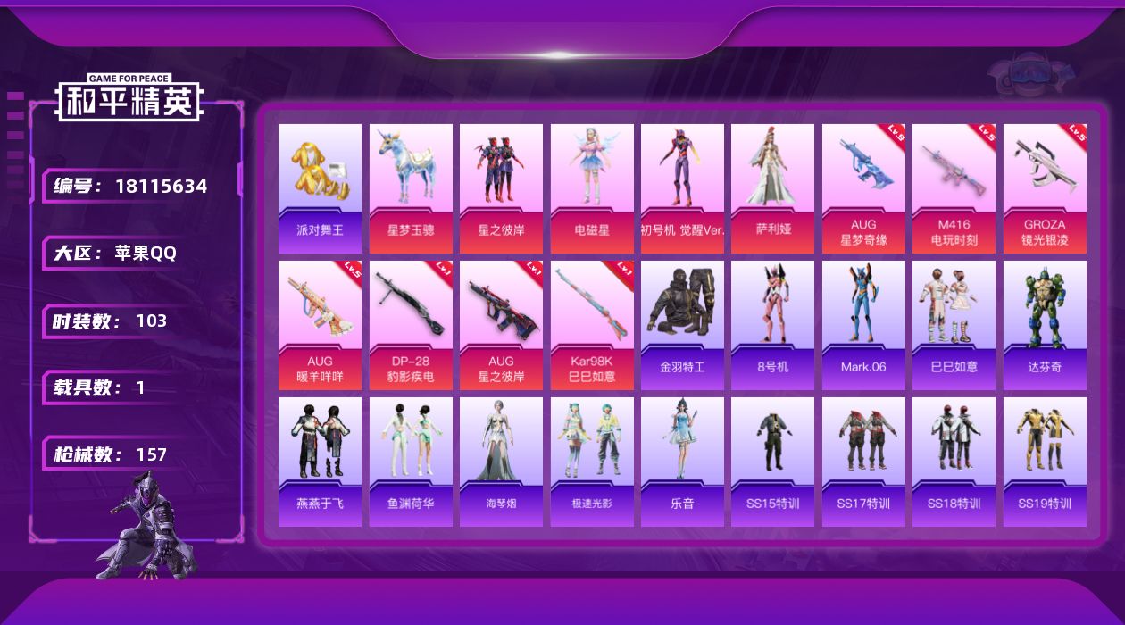 和平精英账号苹果QQ[18115634]有一把苏尔南努嚎四钻 【特价出售/店主推荐】苹果 手Q-8粉装-13特效枪-1载具-3粉色飞行器-48355热力值-10王牌印记-103套装-157枪皮【热门品类】：套装-派对舞王