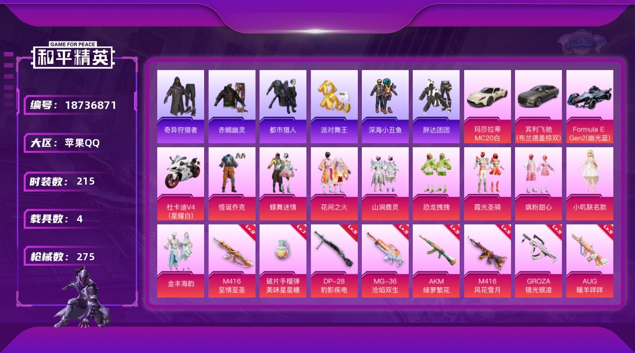 和平精英账号苹果QQ[18736871]苹果 手Q-10粉装-14特效枪-4载具-5粉色飞行器-95513热力值-13王牌印记-215套装-275枪皮
【热门品类】：粉装-怪诞乔克，套装-浪漫天命，套装-赤蝎幽灵，套装-