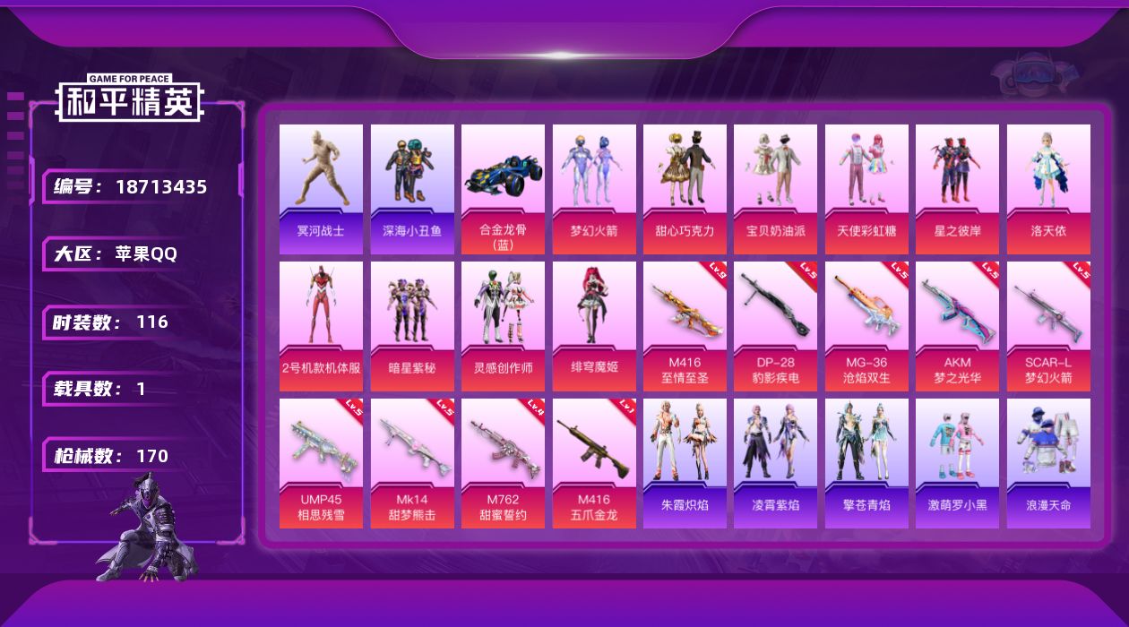 和平精英账号苹果QQ[18713435]【素材号/白木乃伊/满级m4/螳螂】苹果 手Q-10粉装-9特效枪-1载具-5粉色飞行器-59883热力值-7王牌印记-116套装-170枪皮【热门品类】：粉装-梦幻火箭，套装-浪