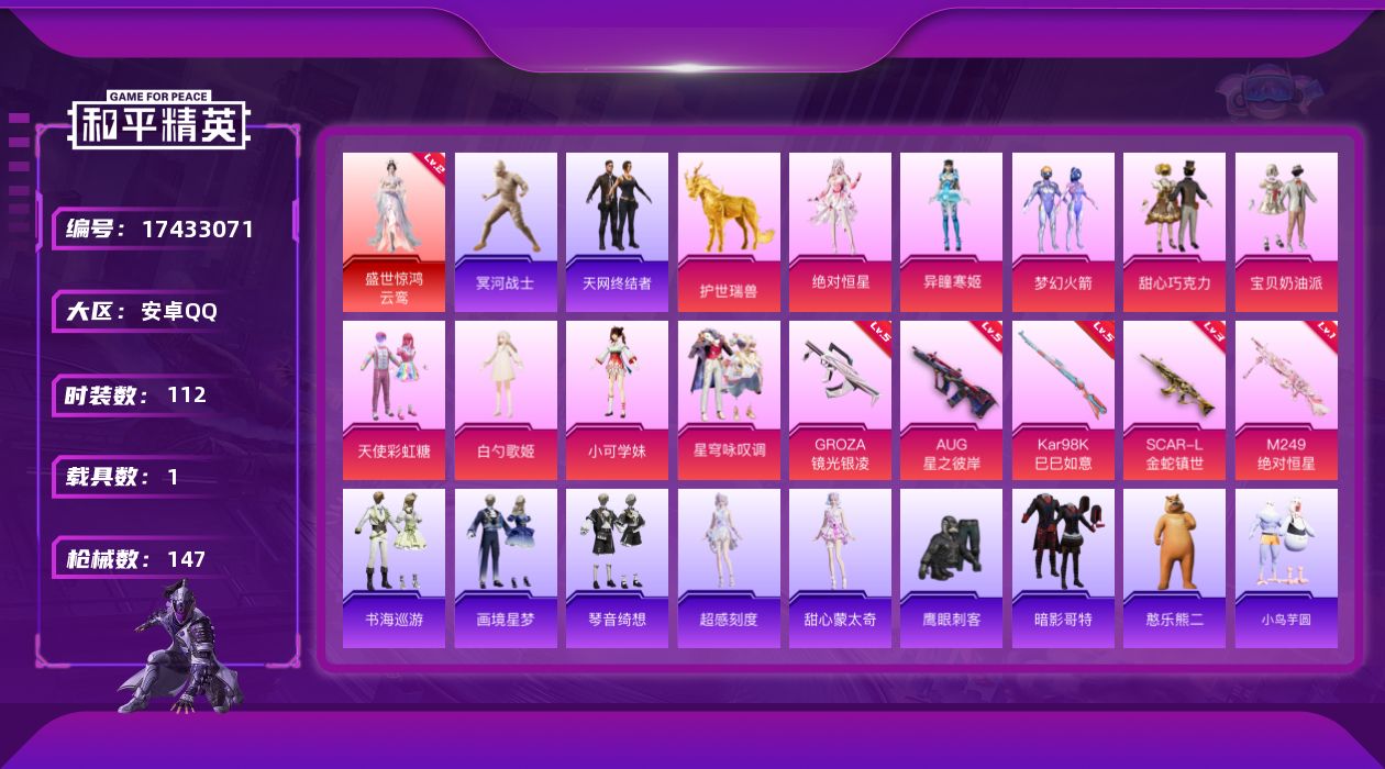 和平精英账号安卓QQ[17433071]安卓 手Q-无敌战神框-1神装-9粉装-6特效枪-1载具-5粉色飞行器-44789热力值-3王牌印记-112套装-147枪皮
【红色神装等级】：盛世惊鸿-云鸾(二级)
【红色角色神