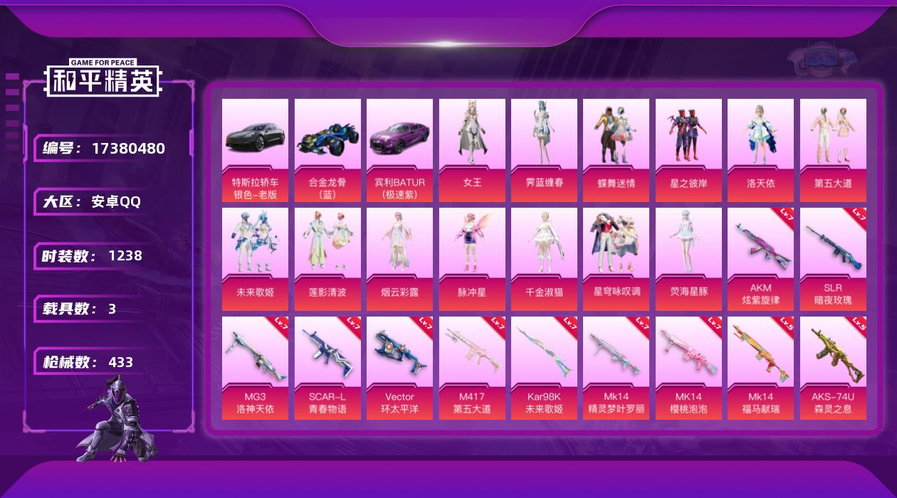 和平精英账号安卓QQ[17380480]【和平精英连体王者荣耀】实名: 可修改 时装数: 343 载具数: 3 枪械数: