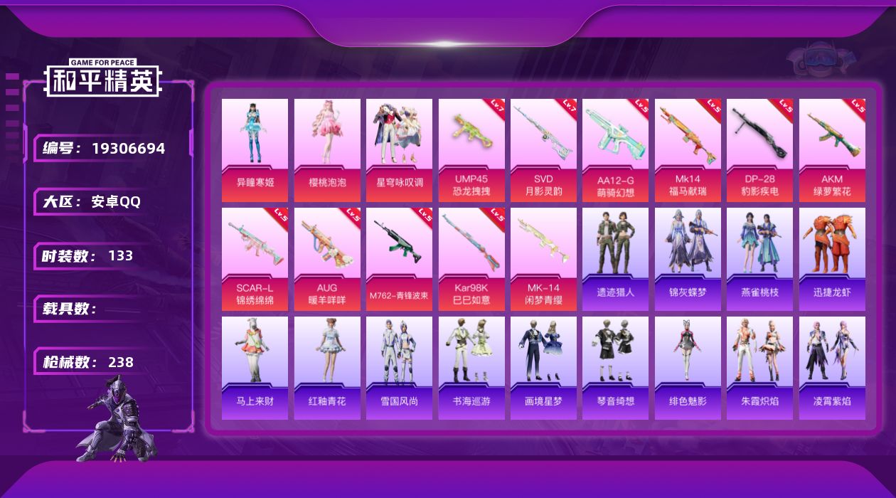 和平精英账号安卓QQ[19306694]133套装/枪械11/装备235/战备135/王牌印记9/热力值65124/五级AKM-绿萝繁花/五级SCAR-L-锦绣绵绵/五级AUG-暖羊咩咩/五级M762-青锋波束/七级UM