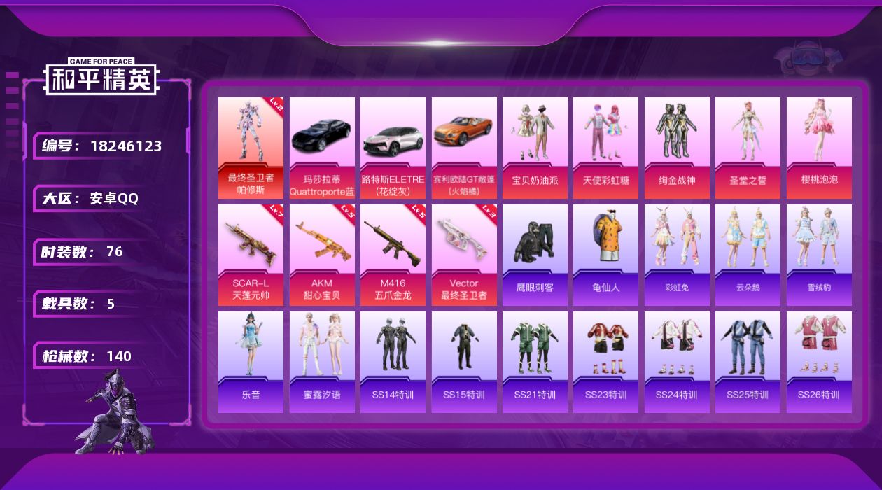 和平精英账号安卓QQ[18246123]扭蛋碎片889 【特价出售/店主推荐】安卓 手Q-2神装-5粉装-7特效枪-5载具-3粉色飞行器-50546热力值-7王牌印记-76套装-140枪皮【红色神装等级】：霜月狼主-尼诺
