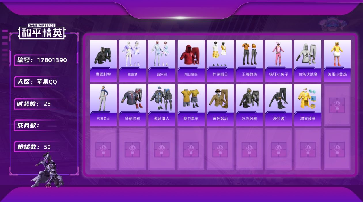 和平精英账号苹果QQ[17801390]苹果 手Q-0粉装-3特效枪-0载具-2粉色飞行器-11814热力值-3王牌印记-28套装-50枪皮
【粉色枪皮等级】：ACE32-萌骑漫游(五级)，AKS-74U-森灵之息(五级