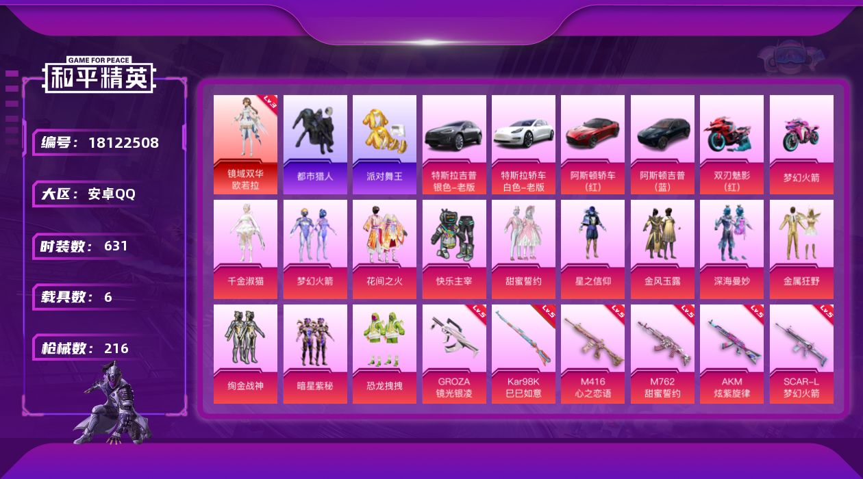 和平精英账号安卓QQ6载具-167套装-216枪皮-欧若拉3级 都市 金鞋子 m4墨龙 -1红装3稀有6载具12粉装15