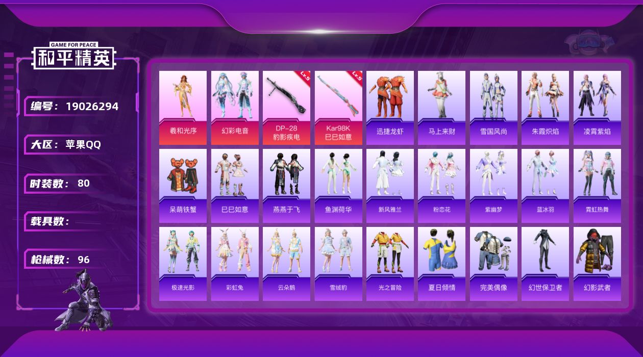 和平精英账号苹果QQ[19026294]80套装/枪械2/装备118/战备75/王牌印记4/热力值24588/五级Kar98K-巳巳如意/五级DP-28-豹影疾电/羲和光序/幻彩电音/Kar98K-巳巳如意/DP-28-