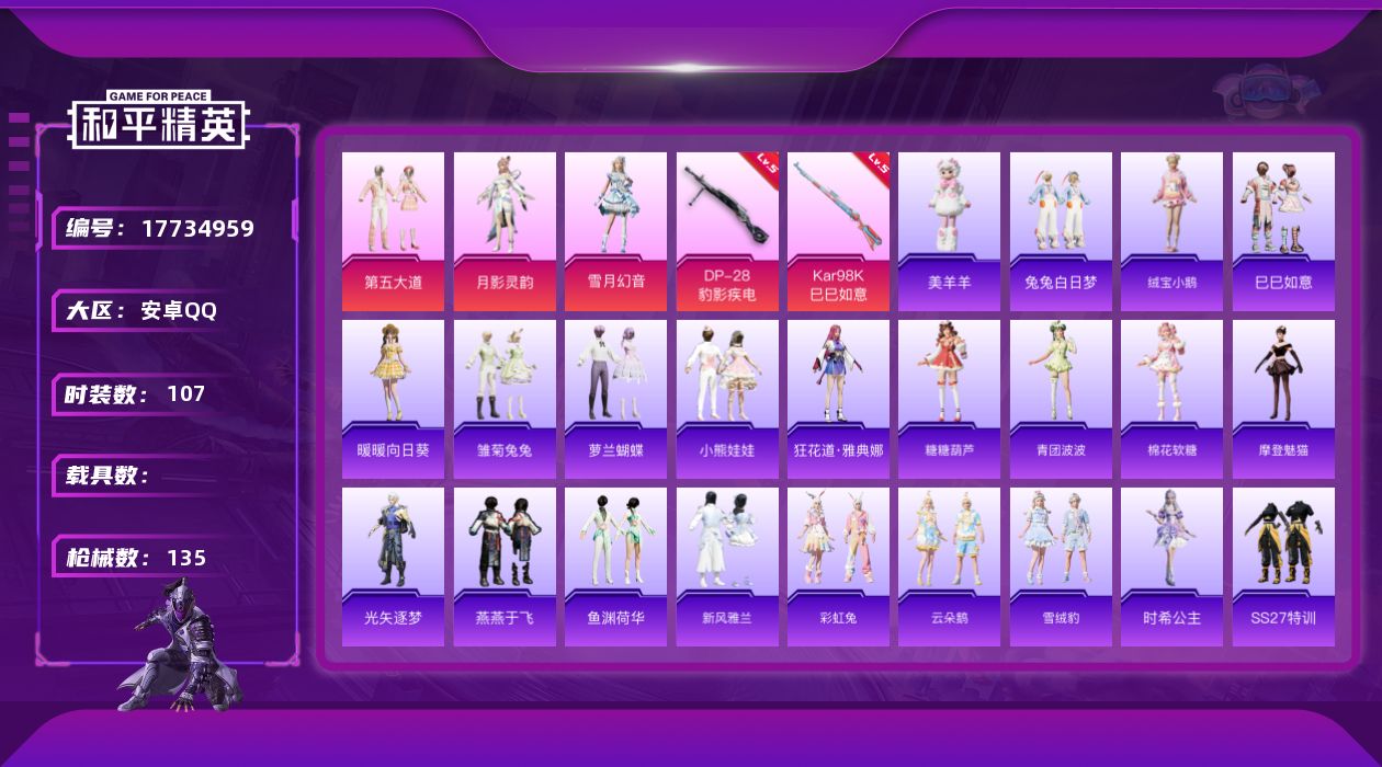 和平精英账号安卓QQ[17734959]可二次【特价出售/店主推荐】安卓 手Q-4粉装-4特效枪-2粉色飞行器-38635热力值-11王牌印记-107套装-135枪皮【粉色套装】：粉装-第五大道，角色-月影灵韵，粉装-雪