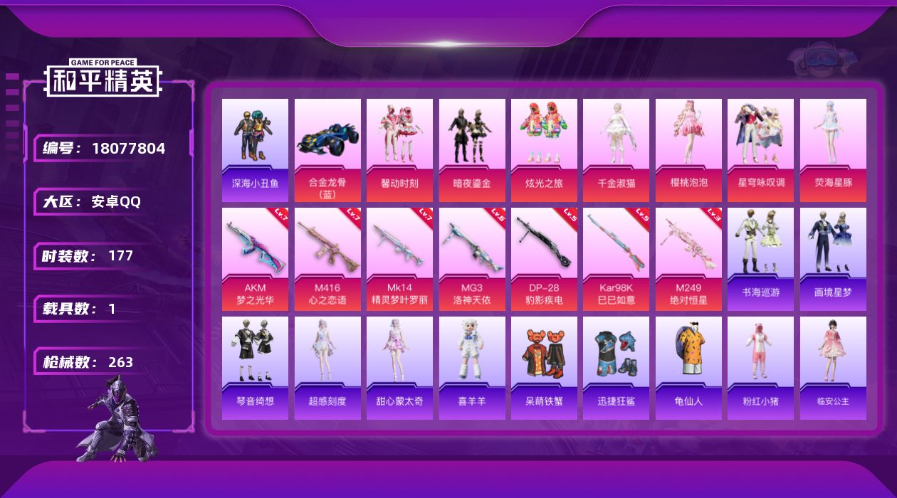 和平精英账号安卓QQ[18077804]极品公主号【店主推荐捡漏号！可直接换绑】安卓 手Q-1神装-10粉装-11特效枪-1载具-7粉色飞行器-85709热力值-13王牌印记-177套装-263枪皮【红色神装等级】：灵驹
