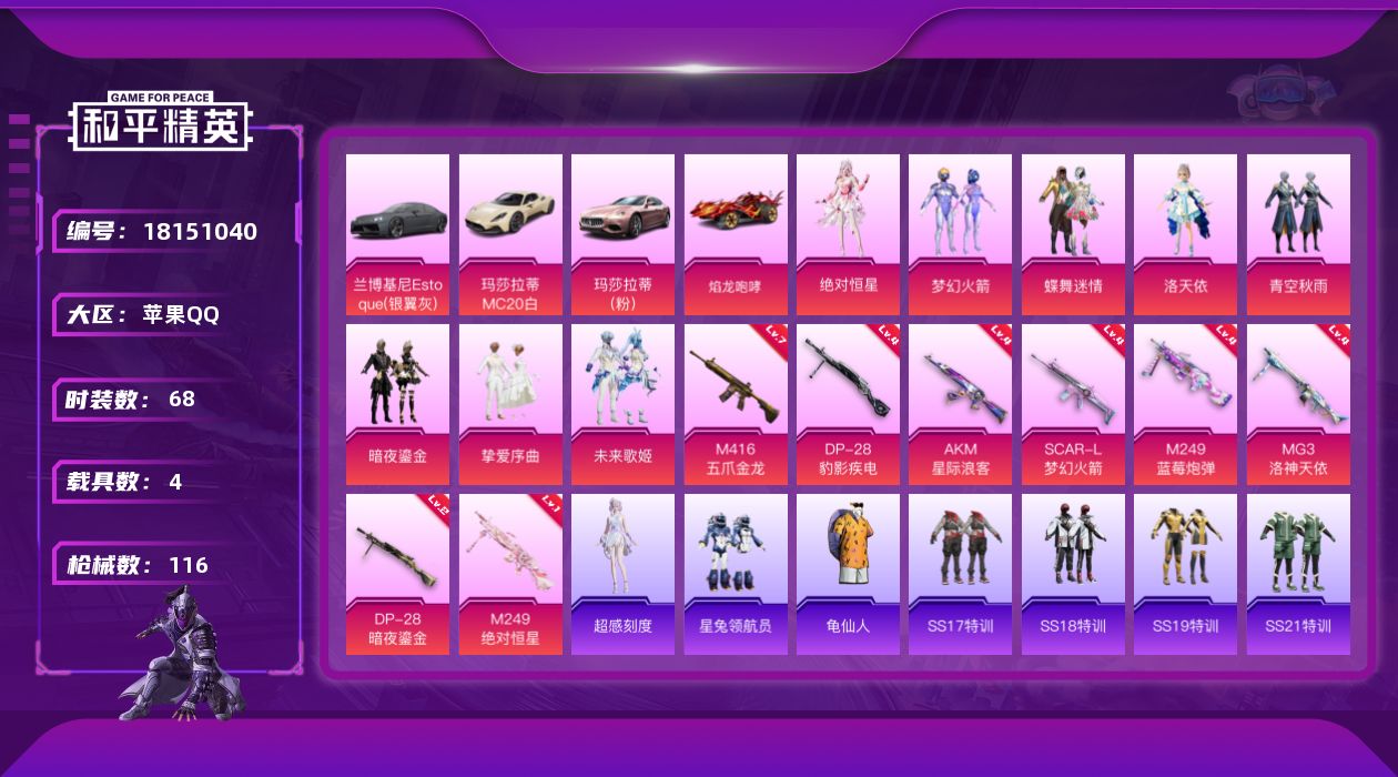 和平精英账号苹果QQ[18151040]【特价出售/店主推荐】
苹果 手Q-8粉装-8特效枪-4载具-3粉色飞行器-41718热力值-4王牌印记-68套装-116枪皮
【热门品类】：粉装-梦幻火箭，套装-龟仙人
【粉色套