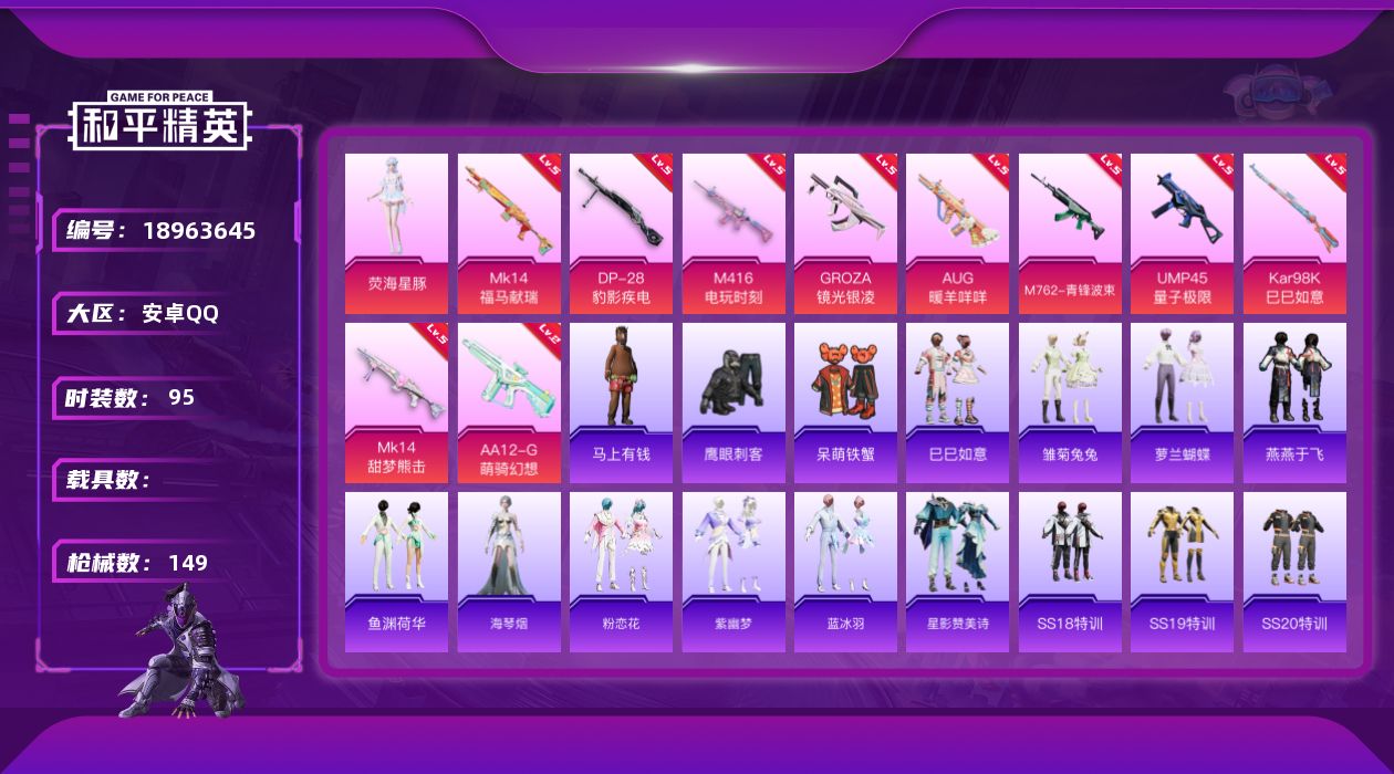 和平精英账号安卓QQ[18963645]95套装/枪械10/装备148/战备92/王牌印记5/热力值39968/五级M416-电玩时刻/五级GROZA-镜光银凌/五级AUG-暖羊咩咩/五级M762-青锋波束/五级UMP4