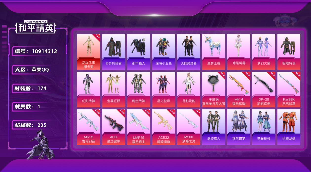 和平精英账号苹果QQ[18914312]174套装/枪械9/装备274/载具1/战备150/王牌印记5/热力值69432/三级UMP45-霜月狼主/四级AUG-星之彼岸/二级ACE32-萌骑漫游/五级Kar98K-巳巳如