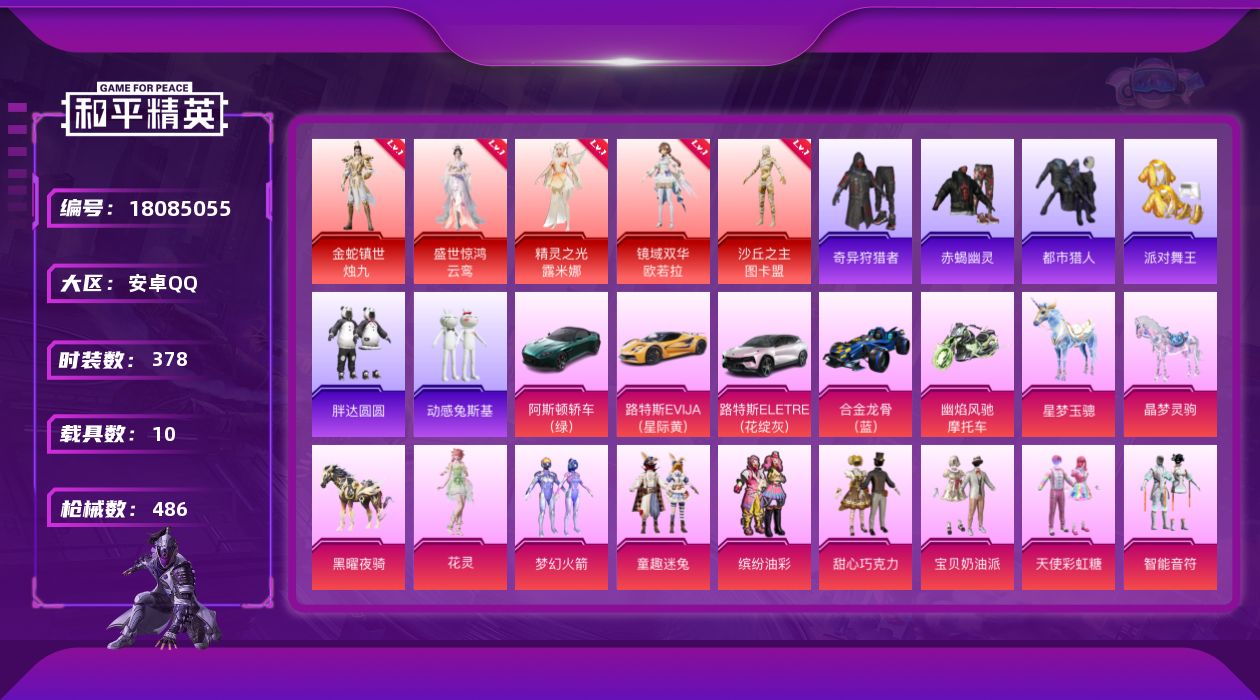 和平精英账号安卓QQ[18085055]暮色玫影-艾丽娅(五级)/AUG-星梦奇缘(三级)/无敌战神框2/【特价出售/店主推荐】 安卓 手Q-无敌战神框-6神装-38粉装-29特效枪-10载具-20粉色飞行器-18520