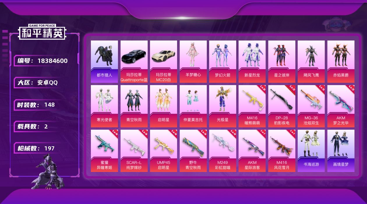 和平精英账号安卓QQ[18384600]安卓 手Q-11粉装-14特效枪-2载具-6粉色飞行器-68861热力值-6王牌印记-148套装-197枪皮
【热门品类】：粉装-梦幻火箭，套装-浪漫天命，套装-都市猎人，套装-龟