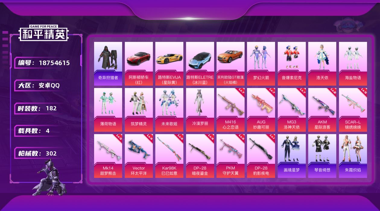 和平精英账号安卓QQ[18754615]安卓 手Q-8粉装-16特效枪-4载具-3粉色飞行器-98252热力值-20王牌印记-182套装-302枪皮
【热门品类】：粉装-梦幻火箭，粉装-音爆索尼克，套装-奇异狩猎者，角色