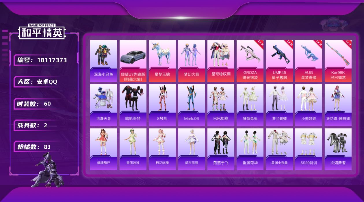 和平精英账号安卓QQ[18117373]aug星梦奇缘小号【特价出售/店主推荐】安卓 手Q-2粉装-4特效枪-2载具-25604热力值-6王牌印记-60套装-83枪皮【热门品类】：粉装-梦幻火箭，套装-浪漫天命，套装-深
