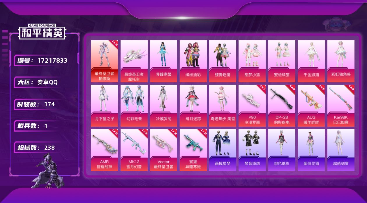 和平精英账号安卓QQ[17217833]安卓 手Q-1神装-12粉装-8特效枪-1载具-5粉色飞行器-77392热力值-11王牌印记-174套装-238枪皮
【红色神装等级】：最终圣卫者-帕修斯(三级)
【红色角色神装】