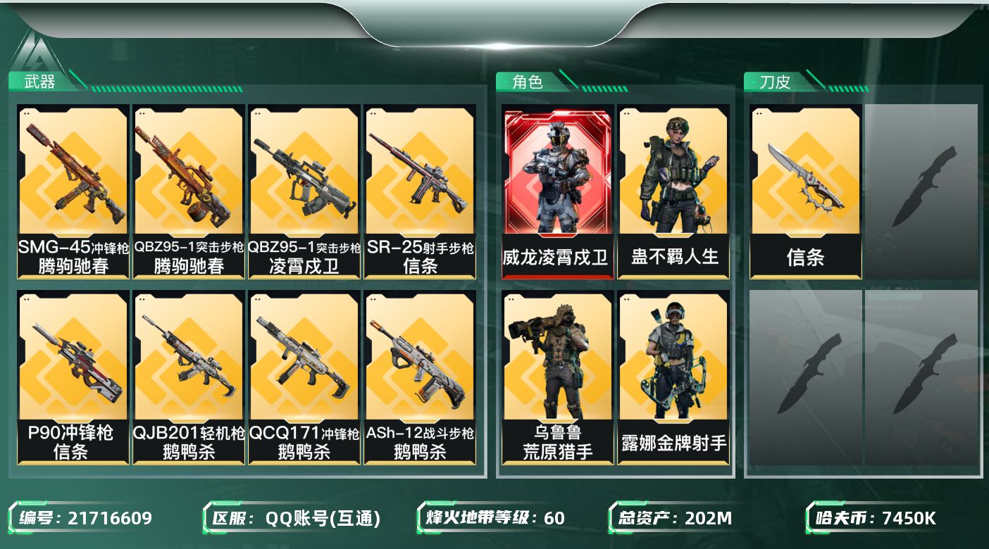 三角洲行动账号QQ【SJZEHC1354】202m总资产-7450k哈夫币-60烽火等级-钻石-50战场等级-尉官
【