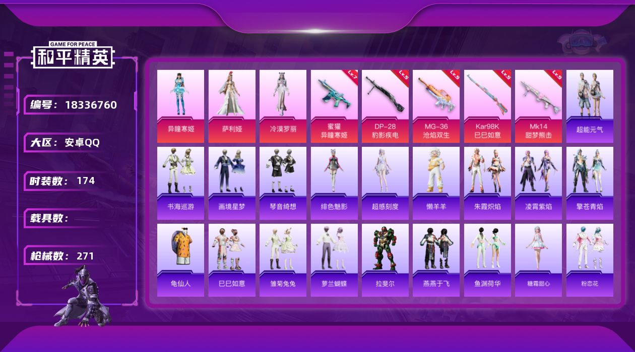 和平精英账号安卓QQ[18336760]安卓 手Q-3粉装-8特效枪-0载具-2粉色飞行器-72063热力值-15王牌印记-174套装-271枪皮
【热门品类】：套装-龟仙人
【粉色套装】：角色-萨利娅，角色-冷漠罗丽，