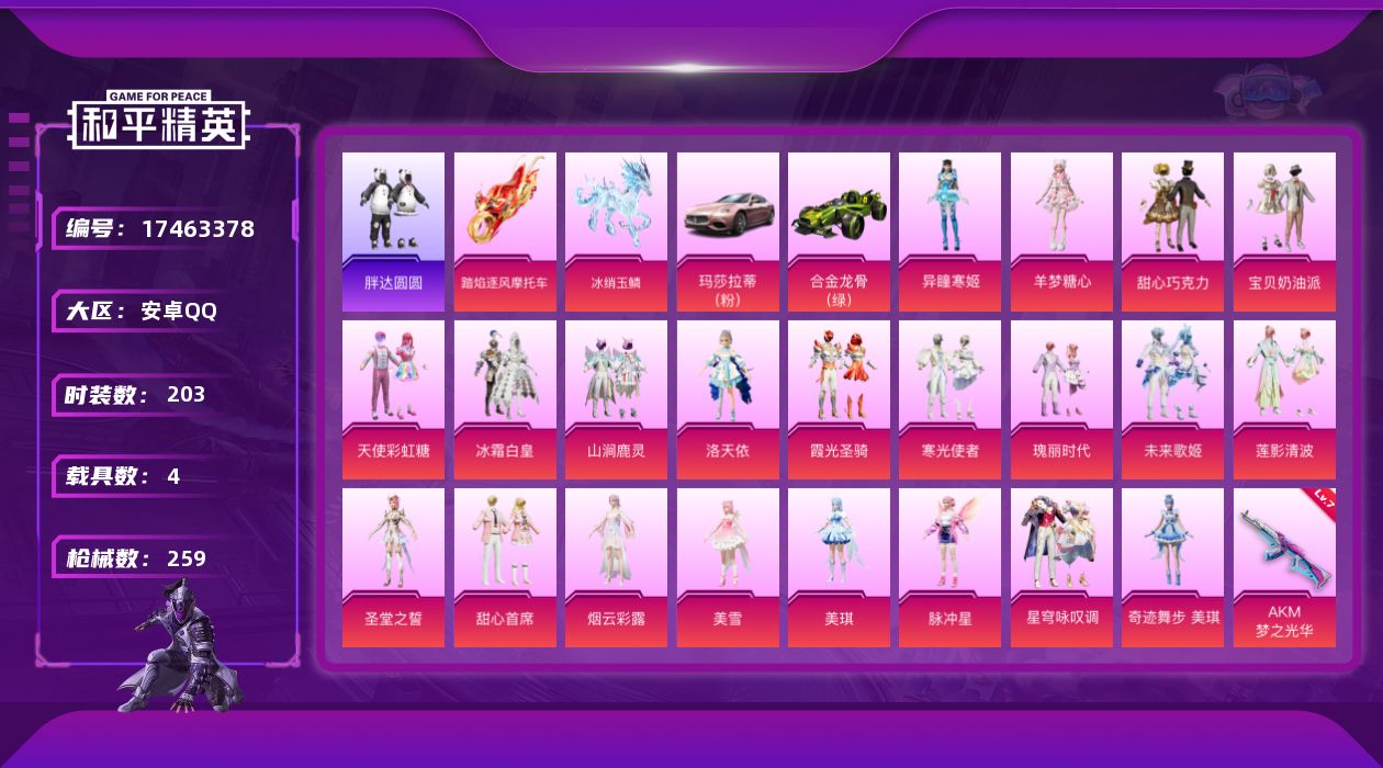 和平精英账号安卓QQ[17463378]安卓 手Q-22粉装-13特效枪-4载具-6粉色飞行器-96055热力值-13王牌印记-203套装-259枪皮
【热门品类】：套装-胖达圆圆，套装-龟仙人，角色-8号机，角色-Ma