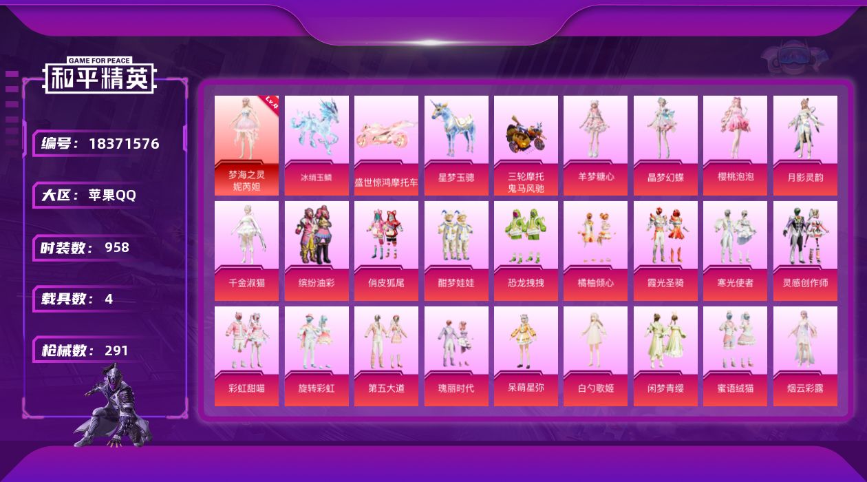 和平精英账号苹果QQ4载具-258套装-291枪皮-妮芮妲4级 小番茄 1红装1稀有4载具27粉装16特效枪19热门25