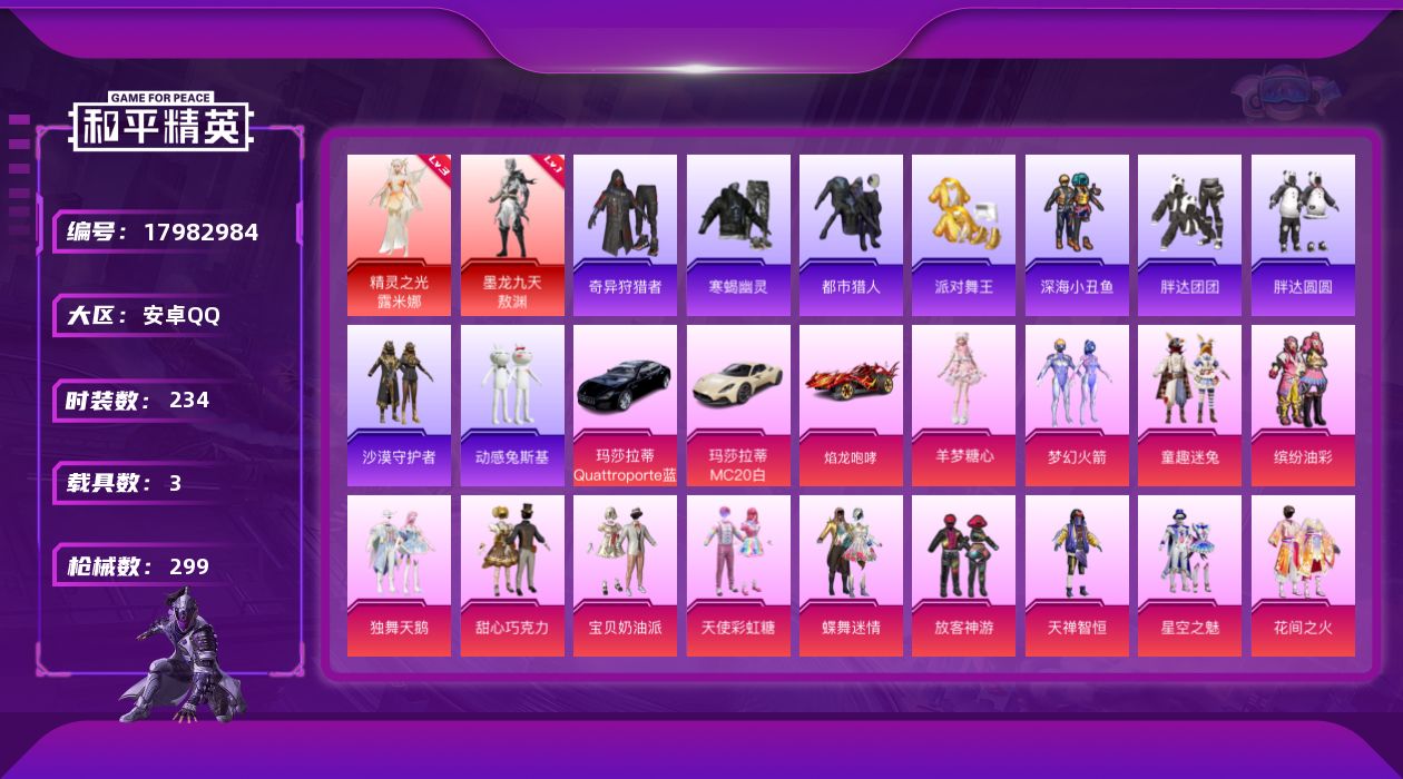和平精英账号安卓QQ[17982984]安卓 手Q-2神装-38粉装-18特效枪-3载具-11粉色飞行器-122737热力值-18王牌印记-234套装-299枪皮
【红色神装等级】：精灵之光-露米娜(三级)，墨龙九天-敖